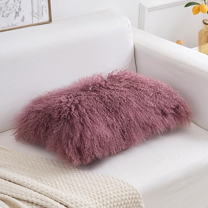 Genuine Mongolian Lamb Fur Pillow Cover – 12"x20" Rectangular Cushion Case – Soft Curly Wool Decorative Accent for Sofa, Bed, or Chair (Rose Taupe)