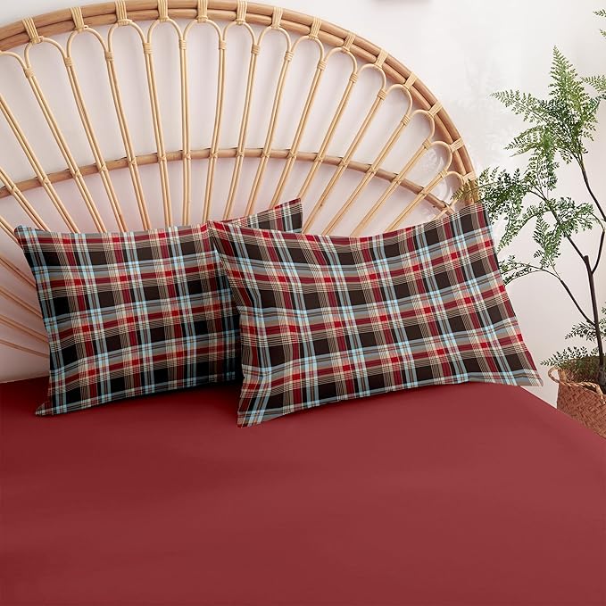 Nayoroom Plaid Comforter Set Queen Size Vintage Red Brown Gingham Checkered Tartan Comforter 3 Pieces Soft Lightweight Farmhouse Dorm Bedding Set for All Seasons