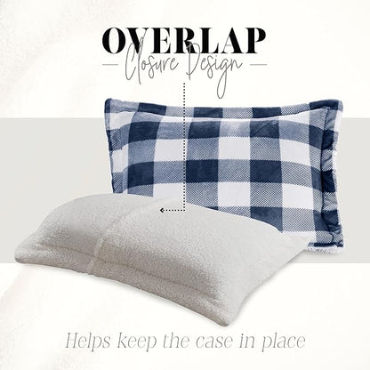 Elegant Comfort 3-Piece Buffalo Lodge-Plaid Comforter Set, Luxurious, Heavyweight, All Season, Down Alternative-Micromink Sherpa-Backing Reversible Micro-Suede, Soft and Plush, Queen, Navy Blue/White