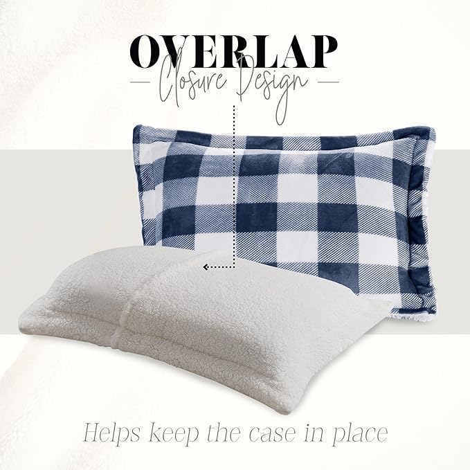Elegant Comfort 3-Piece Buffalo Lodge-Plaid Comforter Set, Luxurious, Heavyweight, All Season, Down Alternative-Micromink Sherpa-Backing Reversible Micro-Suede, Soft and Plush, Full, Navy Blue/White