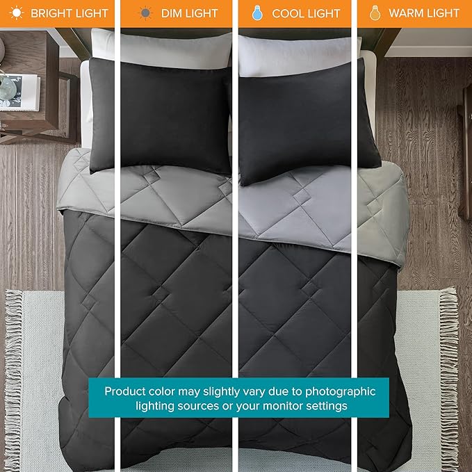 Comfort Spaces Vixie Reversible Comforter Set - Trendy Casual Geometric Quilted Cover, All Season Down Alternative Cozy Bedding, Matching Sham, Black/Gray, King 3 piece