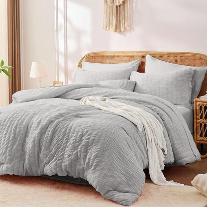 FUANNA Full Size Comforter Sets 7 Pieces, Luxury Seersucker Bed in a Bag Full for All Seasons, Soft Bed Sets with Comforter, Flat Sheet, Fitted Sheet, Pillowcases & Shams for Bedroom, Light Grey