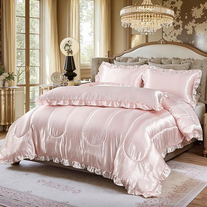 Pink Queen Comforter Set Silk Like Satin Bedding Set 4 Pcs Hotel Soft Polyester Satin Bed Set Luxury Silky Body Pillow Cover Ruffle Down Comforter Home Decor