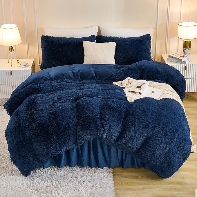 Andency Fluffy Navy Blue Comforter Set King Size, 3 Pieces Winter Faux Fur Warm Soft Fuzzy Plush Bedding Comforter Set (1 Velvet Comforter & 2 Pillowcases), Thick Heavy Comfy Comforters Bedding Set