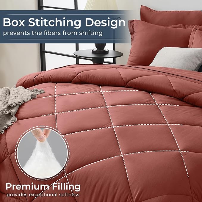 HEVUMYI Terracotta Cali-King Comforter Set - 7-Piece All Season Bed in a Bag Cali-King, Ultra Soft Bedding Set with Comforter, Flat Sheet, Fitted Sheet, Pillowcases, Pillow Shams