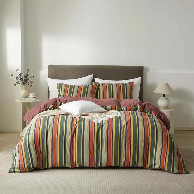 mixinni Full Size Comforter Set 3 Pieces, Vintage Colorful Striped Washed Cotton Reversible Comforter with 2 Pillowcases, All Season Lightweight Bedding for Women & Men, Retro Mid-Century Style