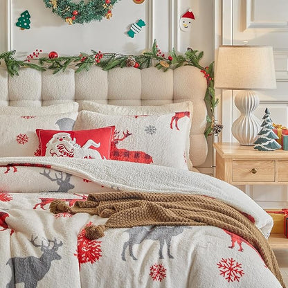 Christmas Sherpa Comforter Set Queen Size 3 Pieces Holiday Winter Bedding Microfiber Warm Fleece Comforter with 2 Pillow Shams - Thanksgiving New Year Gift Choice with Red Snowflake Gray Xmas Deer