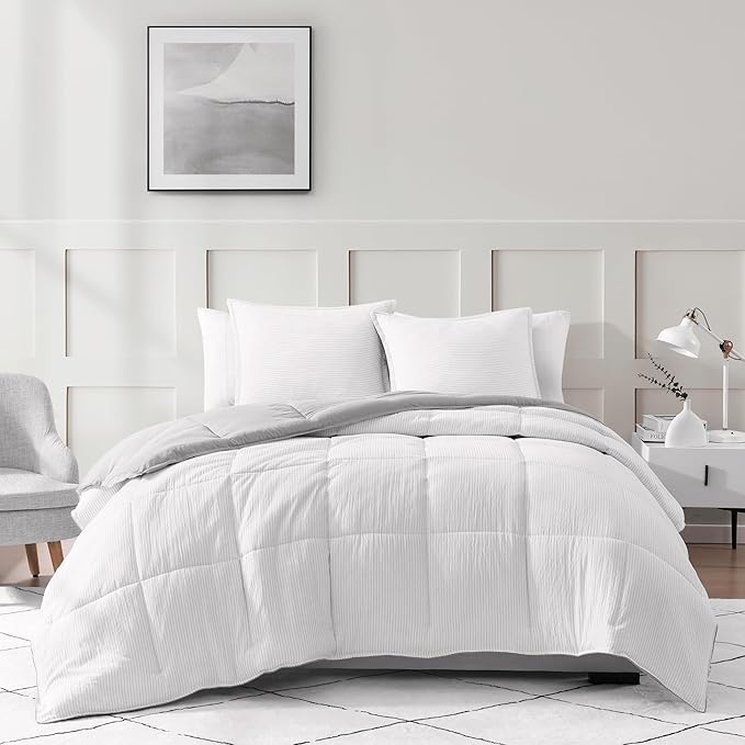 Casa Platino Fluffy Duvet Insert - Pre-Washed Hydro-Brushed 100% Microfiber Comforter Set - Comfy Bedding King Size - Ticking Stripe Silver