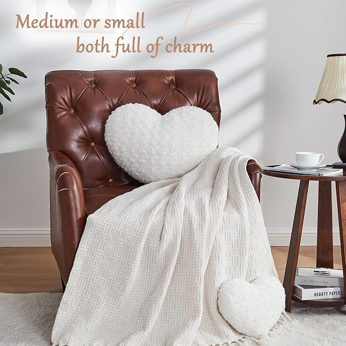 Heart Pillow White Throw Pillows, Soft and Fluffy Decorative Pillows for Bed Couch Chair, Cute Heart Shaped Room Decor for Valentine Anniversary Birthday Halloween Christmas (Small, 13"x10")