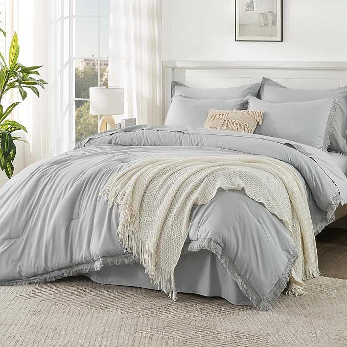 Andency Light Grey Queen Size Comforter Set with Sheets - 7 Pieces Boho Tassel Bed in a Bag Soft Lightweight Bedding Sets, Light Grey Fringe Bed Set with Comforter, Sheets, Pillowcases & Shams