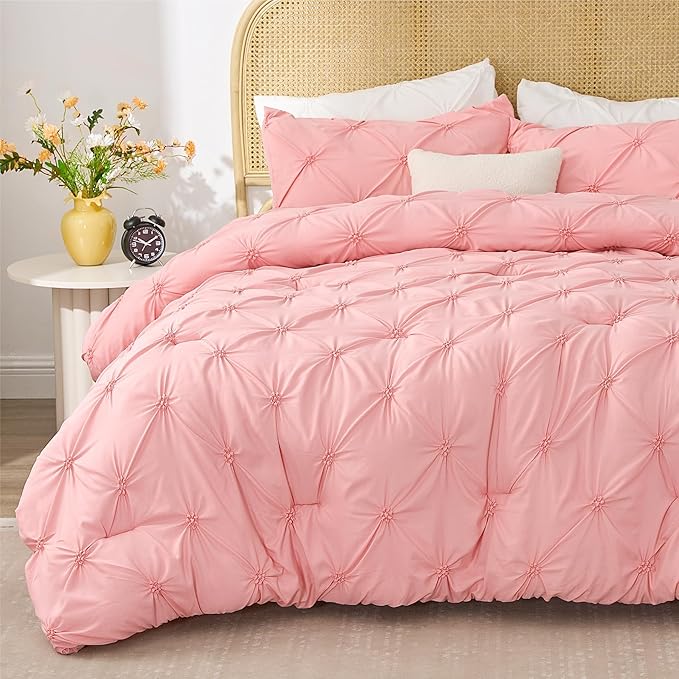 BEDELITE Pink Queen Comforter Set - 3 Pieces Boho Pintuck Bedding Comforter Sets, Lightweight Soft & Warm Bed Comforter with 2 Pillowcases for All Season,Valentines Day | Valentines Day, Multiple color, Modern Comforter, High Quality