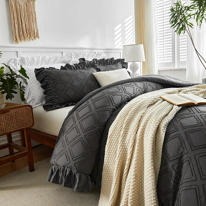 Tufted Grids Ruffle Comforter Set Full/Queen Size, 3 Pieces Dark Grey Vintage Farmhouse Shabby Chic Comforters, Jacquard Boho Bohemian Bedding Set for All Season (1 Ruffled Comforter+ 2 Pillow Shams)