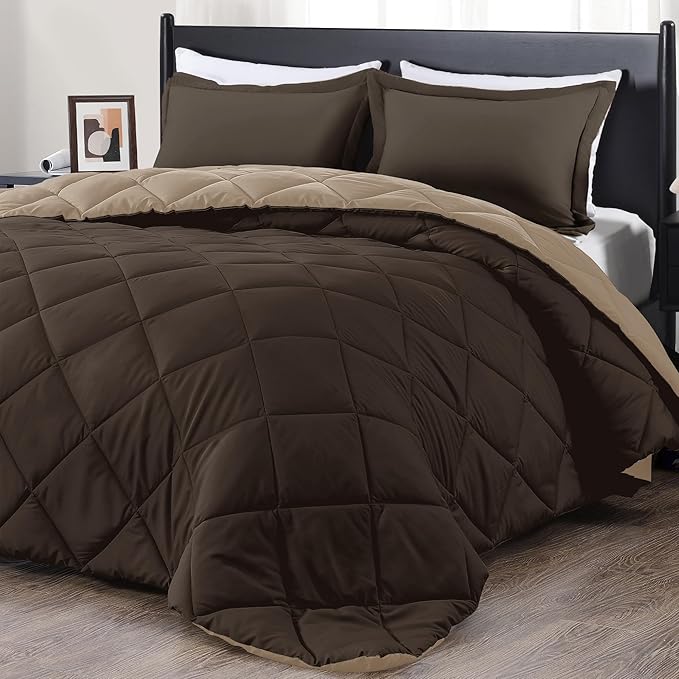 downluxe Full Size Comforter Set - Brown and Tan Full Comforter - Soft Bedding Sets for All Seasons -3- Piece Comforter Set Full with 2 Reversible Pillow Shams