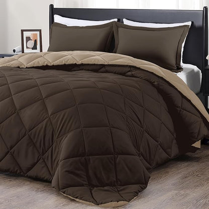 downluxe Full Size Comforter Set - Brown and Tan Full Comforter - Soft Bedding Sets for All Seasons -3- Piece Comforter Set Full with 2 Reversible Pillow Shams