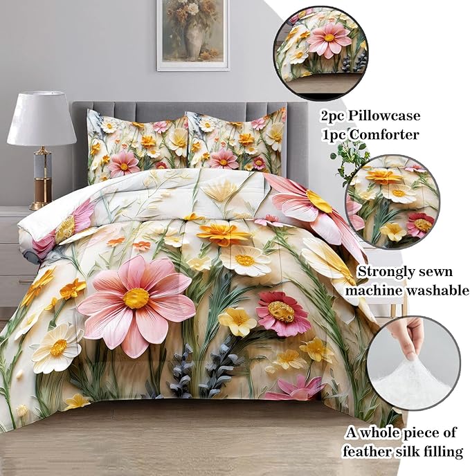 Raphus cucullatus Floral Comforter Set Queen Size,Pink Flower Bedding Set,Botanical Pretty Floral Quilt Queen Size for Modern Farmhouse Decor