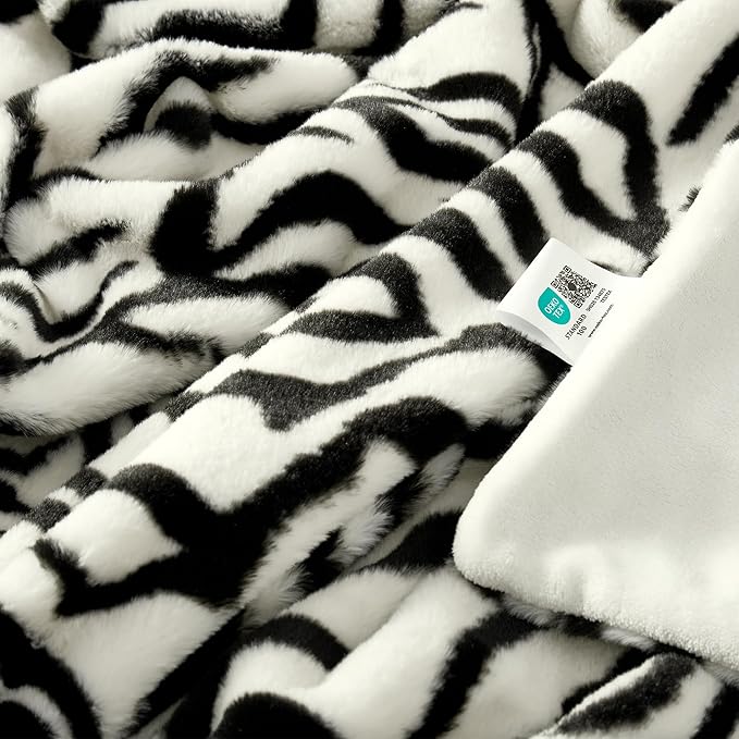 JONIYEAR Soft Fluffy Zebra Print Faux Rabbit Fur Blanket Twin Size 60" x 70", Oversized Luxury Cozy Shaggy Fuzzy Blankets, Reversible Cute Warm Animal Printed Blanket for Winter,Cream White and Black