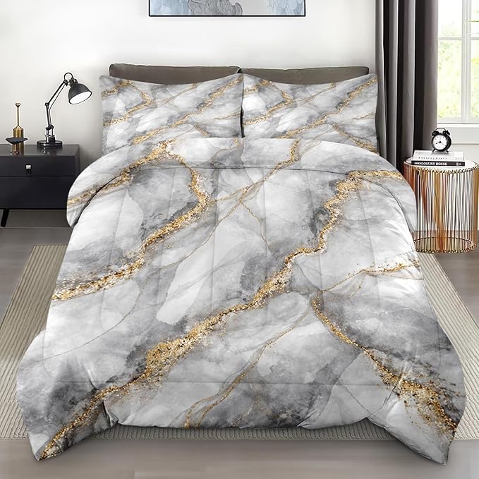 Comforter Set Full Size, Marble Black Gold Stone Soft 3 Pcs Bedding for Kids and Adults, Gray Vintage Retro Comforter Set with Pillowcase, for Bedroom Bed Decor