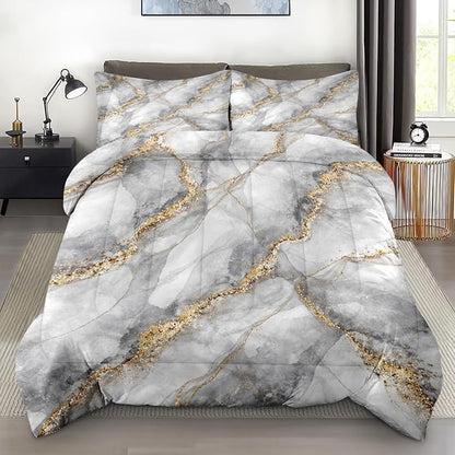 Comforter Set Full Size, Marble Black Gold Stone Soft 3 Pcs Bedding for Kids and Adults, Gray Vintage Retro Comforter Set with Pillowcase, for Bedroom Bed Decor