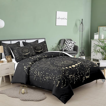 Tailor Shop Sun and Moon Bedding Set Full for Girls Boys Kids Teens Bedroom Decor, 3D Print Boho Exotic Black Gray Comforter Set Full Bedding with 2 Matching Pillowcases
