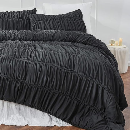 Bonlino Queen Comforter Set - Black Boho Shabby Chic Bedding for Bedroom - Fluffy 3 Piece Ruffle Comforter Set with Pillow