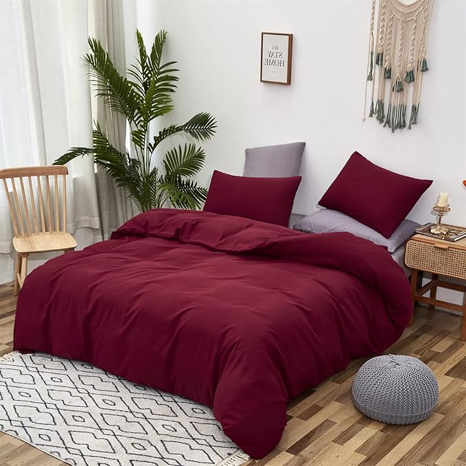 Wellboo Burgundy Comforter Set California King Dark Red Bedding Set Cal King Claret Wine Quilt Soft Crimson Blanket Quilts Rish Solid Deep Red Comforter Breathable Cozy Bedding for All Seasons