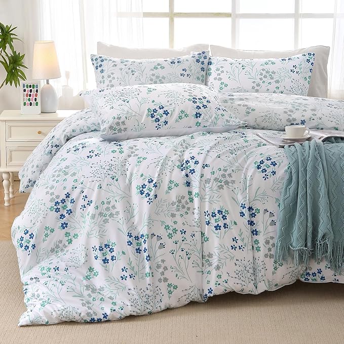 MUXHOMO Blue Flower Bed in a Bag King 7 Pieces, King Comforter Set Reversible Botanical Flowers Design, Ultra Soft & Breathable Bedding Sets with Comforter, Sheets, Pillowcases & Shams