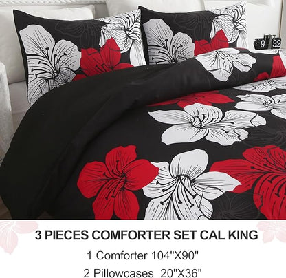 Menghomeus Black Red Comforter Set California King Colorful Floral Comforter Modern Cal King Bedding Sets with 2 Pillowcases Lightweight Boho Bed Set for All Season