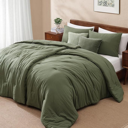 WRENSONGE Double Twin XL Comforter Set - 4 Pieces Prewashed Olive Green Bedding Set for All Seasons Soft Lightweight 2 Comforters (55" x 90") with 2 Pillow Shams
