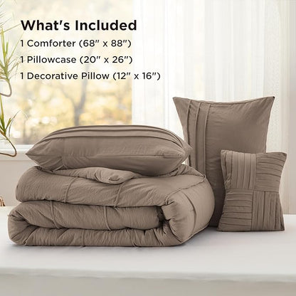 Bedsure Twin Comforter Set - 3 Pieces Pinch Pleat Bed Set, Brown Boho Bedding for All Season, 1 Soft Comforter, 1 Pillowcase, 1 Decorative Pillow