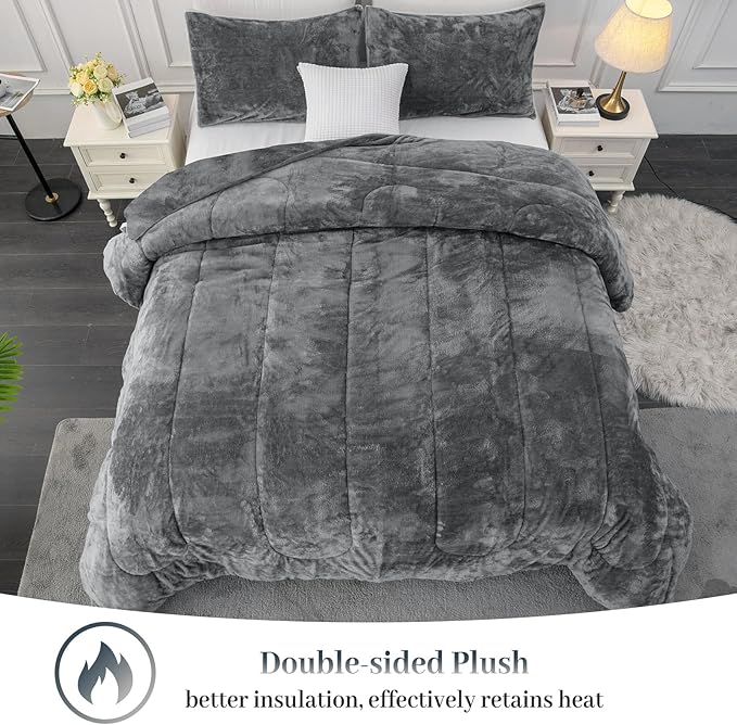 YIYEA Fluffy Queen Size Comforter Set, Luxury Faux Fur Comforter, Ultra Soft Plush Fuzzy Velvet Bedding Comforter Sets for Fall Winter, Cozy Warmth, No Shedding, 3PC, Queen, Dark Grey