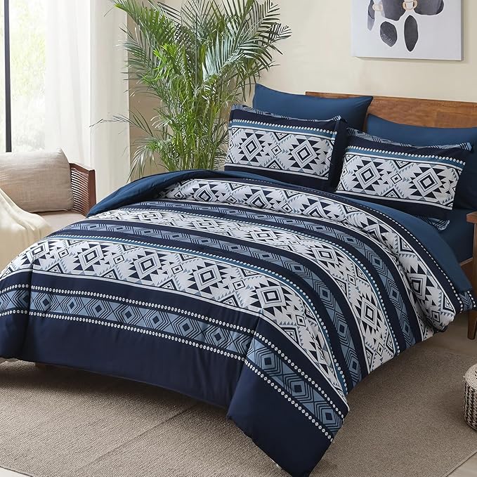 Anibedding Navy Blue Comforter Set Queen Size,7 Pieces Boho Bed in a Bag Aztec Western Bedding Set, Soft Microfiber Bed Comforter Set for All Season