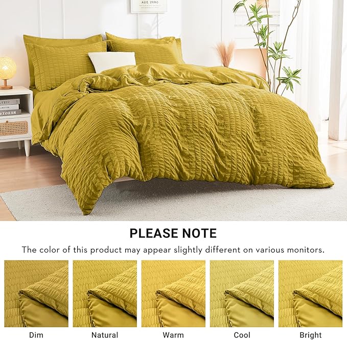 HYMOKEGE Mustard Yellow California King Comforter Set Seersucker 7 Pieces, All Season Luxury Bed in a Bag for Bedroom, Bedding Set with Comforter, Sheets, Pillowcases & Shams