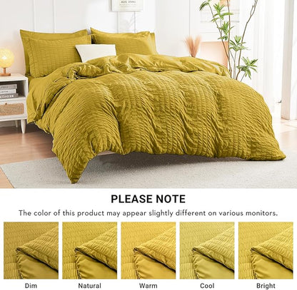 HYMOKEGE Mustard Yellow Full Size Comforter Sets Seersucker 7 Pieces, All Season Luxury Bed in a Bag for Bedroom, Bedding Set with Comforter, Sheets, Pillowcases & Shams