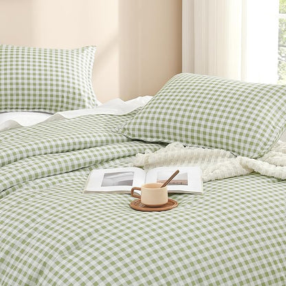 Andency Sage Gingham Comforter Set Twin(66x90Inch), Green Checkered Grid Plaid Buffalo Bed Set for Girls Boys Kids Teens, 2 Pieces Lightweight Microfiber Geometric Preppy Bedding