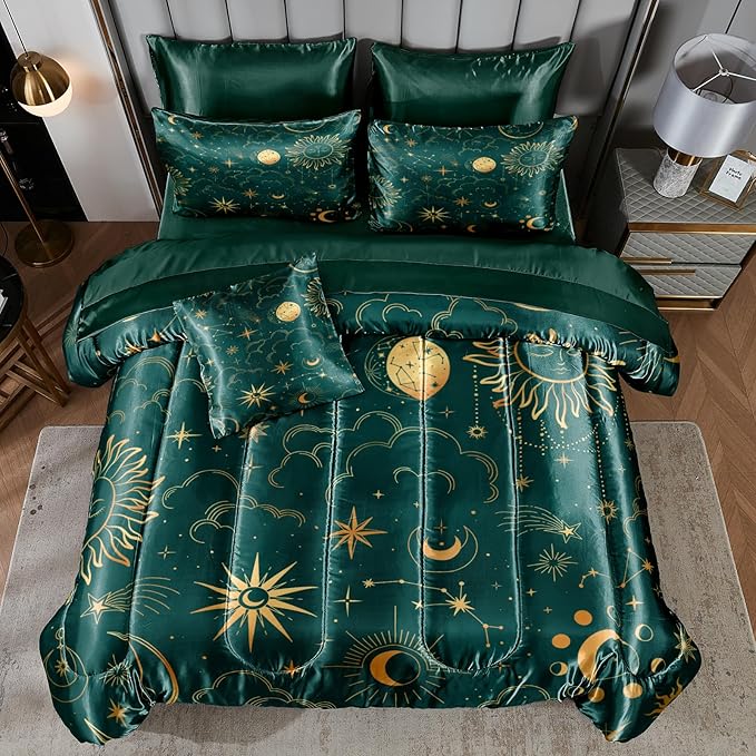 Sun and Moon Comforter Set Blue Green Satin Bedding King Stars Cloud Galaxy Comforter Mysterious Celestial Theme Silk Like Silky Bed in A Bag with Comforter and Sheets