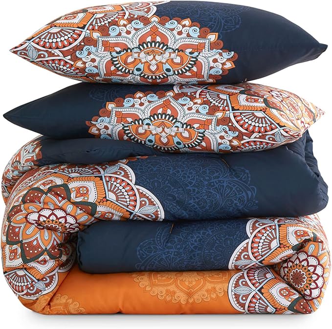 Wake In Cloud - Bohemian Comforter Set, Boho Chic Ornate Floral Elements Pattern Printed for Men Women, Soft Lightweight Bedding, 3 Pieces, Orange Navy, Queen Size