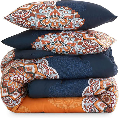 Wake In Cloud - Bohemian Comforter Set, Boho Chic Ornate Floral Elements Pattern Printed for Men Women, Soft Lightweight Bedding, 3 Pieces, Orange Navy, Queen Size