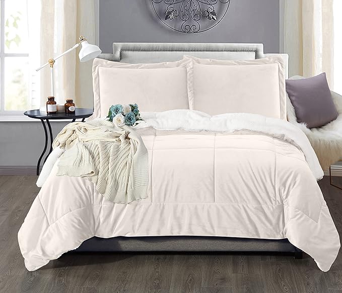 Elegant Comfort Super Soft Sherpa Comforter 3-Piece Set Premium Quality, Heavy Weight Reversible Down Alternative Micro-Suede, Sherpa Comforter, Cal King, Pearl Cream