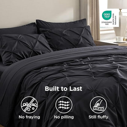 Bedsure Twin Comforter Set Black - Bed in a Bag Twin Size Bedding 5 Pieces, GentleSoft™ Pintuck Bed Set Gift for Family, Pinch Pleat Black Comforter with Sheets, Pillowcase & Sham