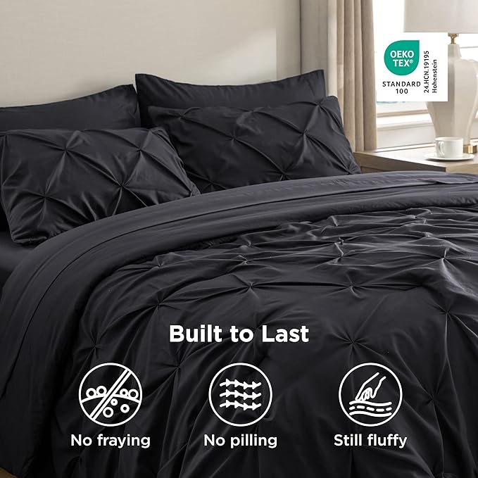 Bedsure Oversized King Comforter Set Black - Bed in a Bag Bedding Set 7 Pieces, GentleSoft™ Pintuck Bed Set Gift for Family, Pinch Pleat Black Comforter with Sheets, Pillowcases & Shams