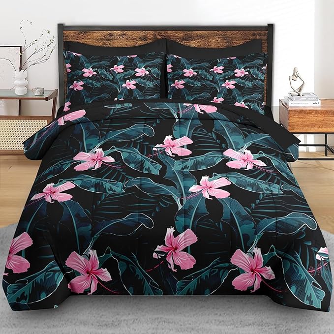 Comforter Set Full Size, Summer Palm Leaf Banana 7 Pcs Bedding for Kids and Adults, Hibiscus Flower Bed Sheet Sets with Fitted Sheet 2 Pillowcases & 2 Shams for Bedroom Bed Decor