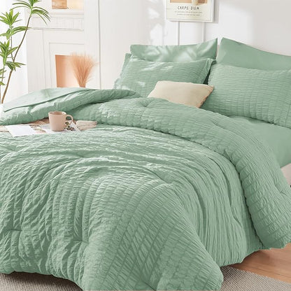 HYMOKEGE Sage Green Full Size Comforter Sets Seersucker 7 Pieces, All Season Luxury Bed in a Bag for Bedroom, Bedding Set with Comforters, Sheets, Pillowcases & Shams