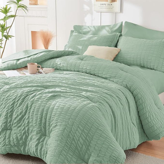 HYMOKEGE Sage Green Full Size Comforter Sets Seersucker 7 Pieces, All Season Luxury Bed in a Bag for Bedroom, Bedding Set with Comforters, Sheets, Pillowcases & Shams