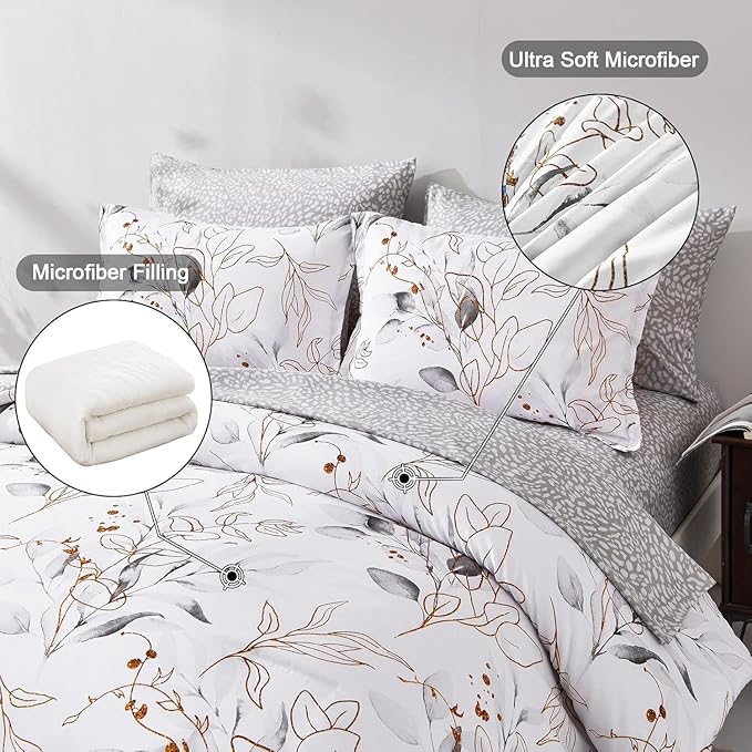 WONGS BEDDING 7 Pieces Botanical Comforter Set Full, Floral Reversible Bed in a Bag Grey Golden Leaves Bedding Set (1 Comforter,2 Pillowcase,2 Pillow Shams,1 Flat Sheet,1 Fitted Sheet)