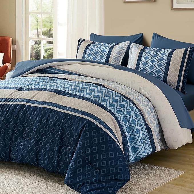 Cottolester California King Comforter Set 7 Pieces Blue Boho Striped Bed in a Bag,Soft Microfiber Complete Bedding Sets