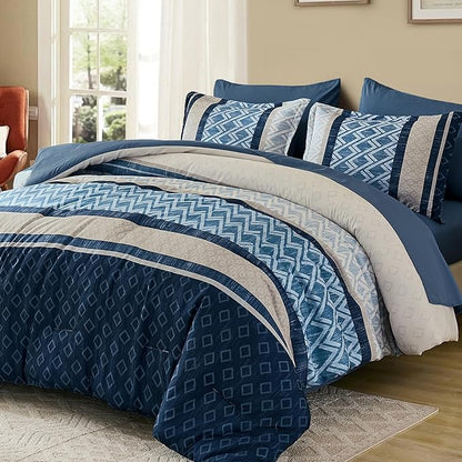 Cottolester California King Comforter Set 7 Pieces Blue Boho Striped Bed in a Bag,Soft Microfiber Complete Bedding Sets