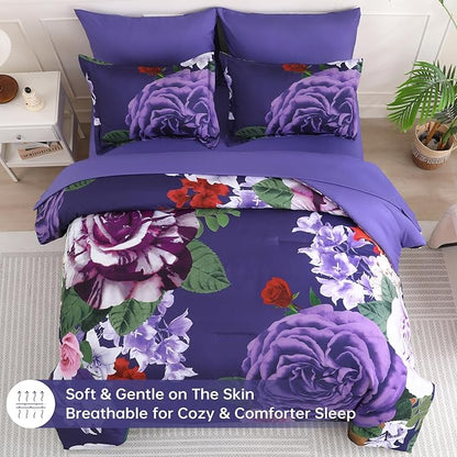 Drucon Dark Purple Floral Comforter Queen Size 7 Pieces Bedding Sets Queen Bed in a Bag, Botanical Floral Comforter with Sheet Set, Soft Microfiber Bedding Set for All Season(Dark Purple, 90"x90")