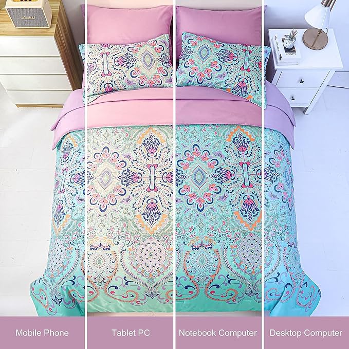 Twin Comforter Set, 5 Piece Bed in a Bag, Boho Aqua and Lilac Damask Medallion Print Comforter with Sheets, Soft Microfiber Complete Bedding Set for All Season (Aqua, Twin)