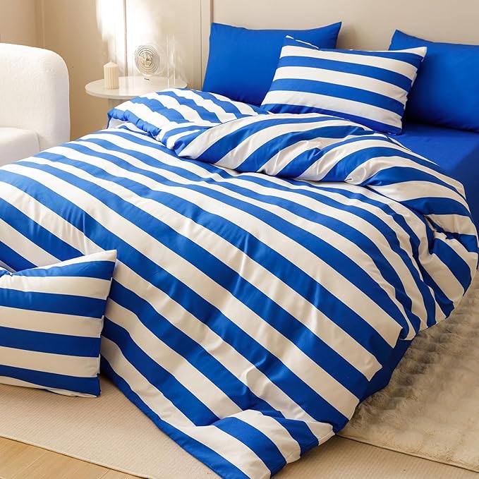 CLOTHKNOW Blue White Striped Twin/Twin XL Comforter Set Farmhouse Bedding Comforter Sets Soft All Season Cross Stripes Comforter with 2 x Pillow Cases