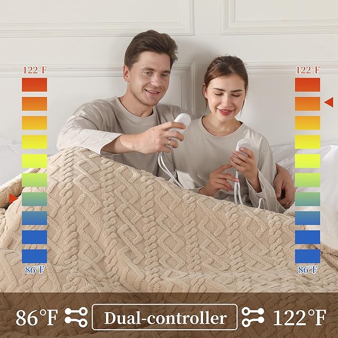 Electric Heated Blanket, 3D Pattern Design, Queen Size Sherpa Super Cozy Heated Blanket with 5 Heating Levels & 10 Hours Auto Off, Beige
